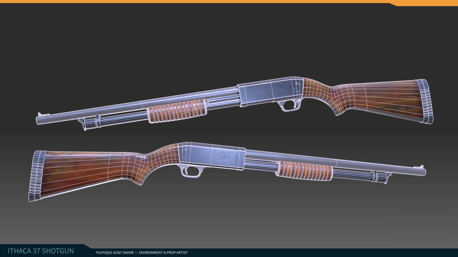 wireframe displaying the wireframe of 3d shotgun model over the rendered image.