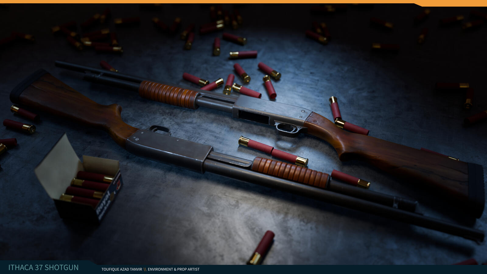 Ithaca 37 pump shotgun a beauty render of Ithaca 37 pump action shotgun that toufique azad modeled in blender , textured in substance painter and finally rendered in blender cycles.